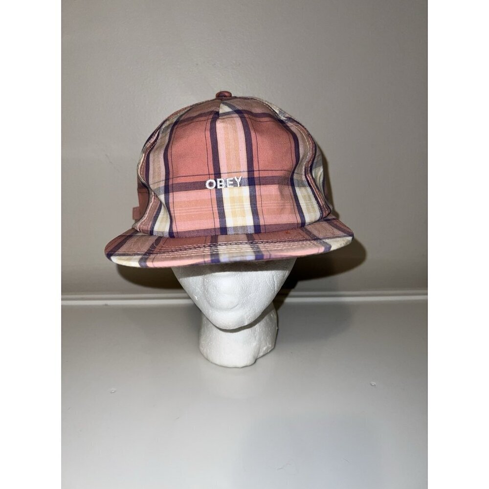 OBEY Madras Plaid Baseball Hat in Pink One Size Adjustable